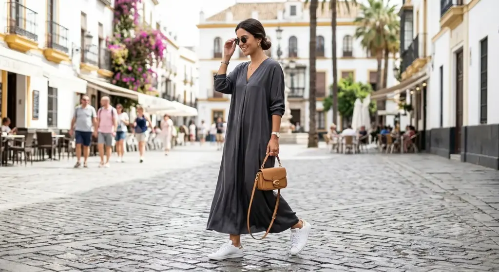 Cómo combinar un vestido largo para diferentes ocasiones: guía completa 3 Cómo combinar un vestido largo con zapatillas blancas